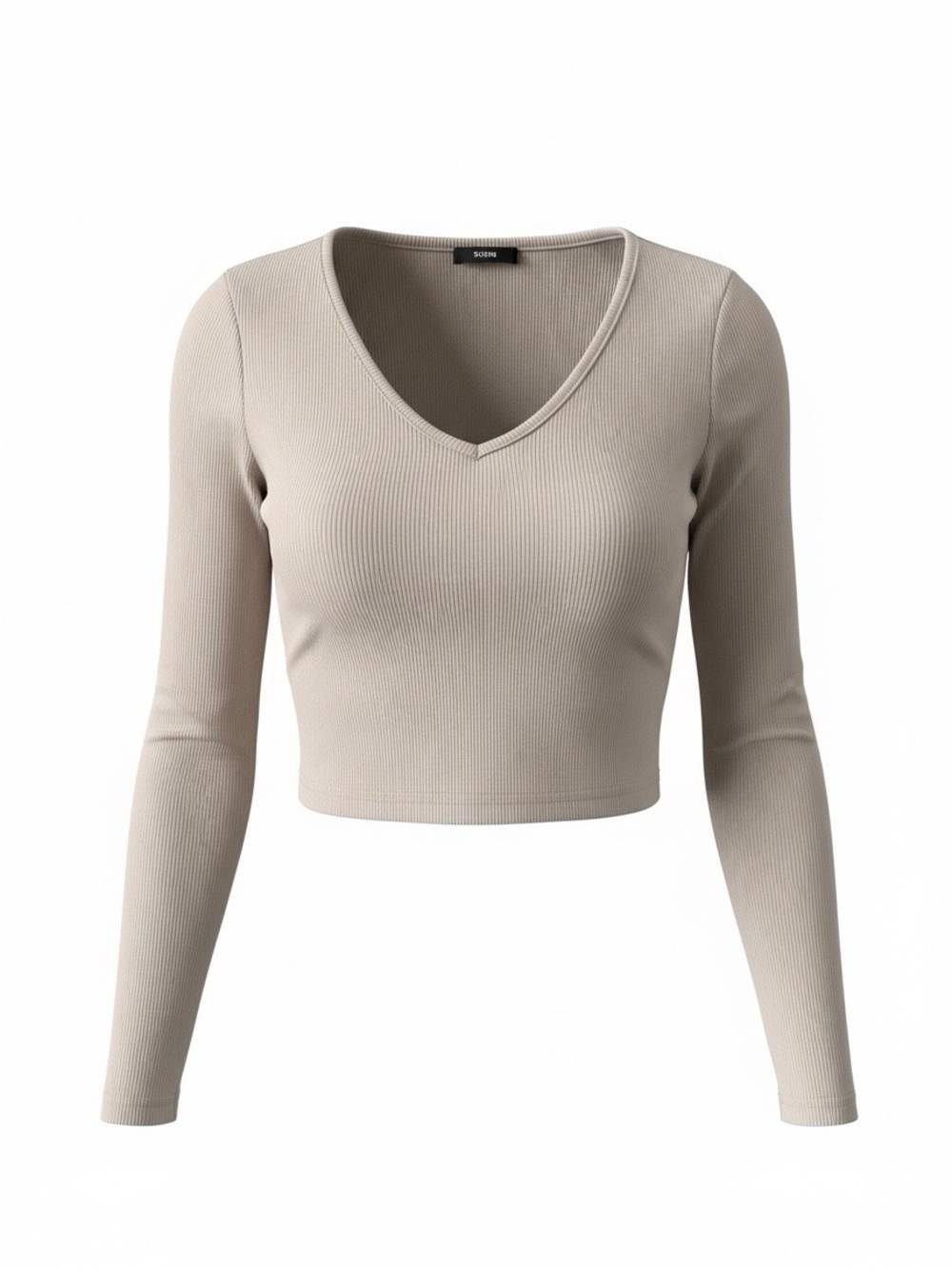 SHEIN Taupe Ribbed V-Neck Long Sleeve Crop Top